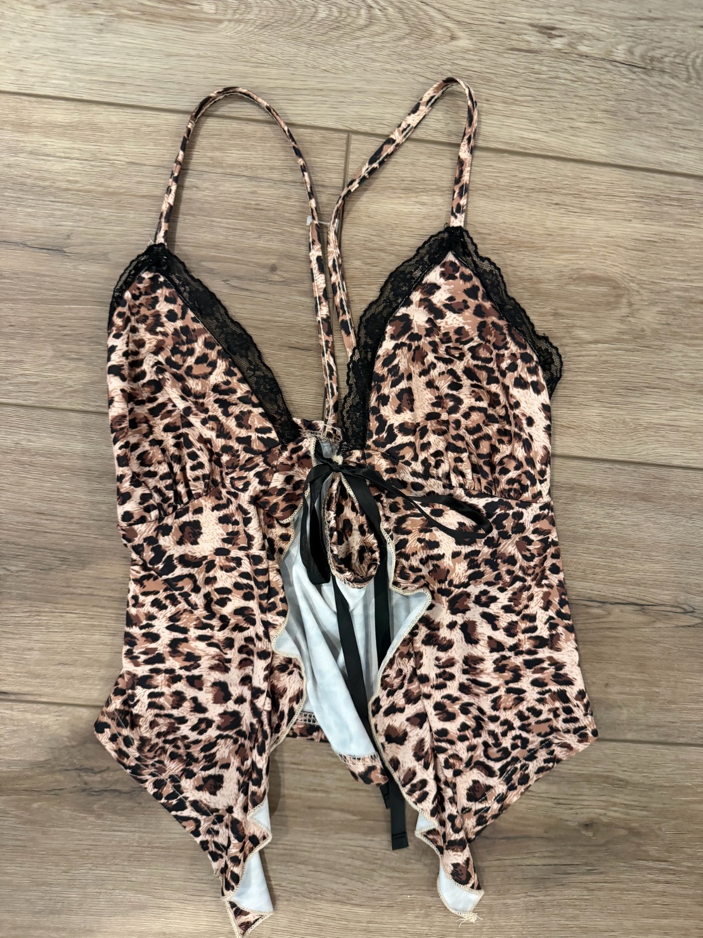 Leopard Satin Lace Trim Cami Slip - Brown